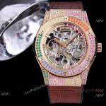 Replica Skeleton Hublot Rainbow Watch Rose Gold 45mm With Brown Leather Strap 